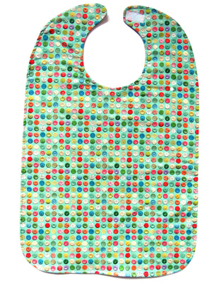 Pale green BAVETTE adult bib with vintage button design, and three layers of machine washable premium cotton, Velcro back closure, 26" x 17" 