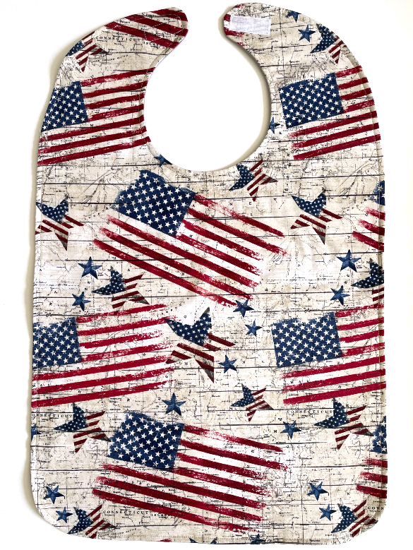 BAVETTE adult bib with American flags and stars in red, white and blue, three layers of premium cotton, Velcro back closure, 26" x 17"