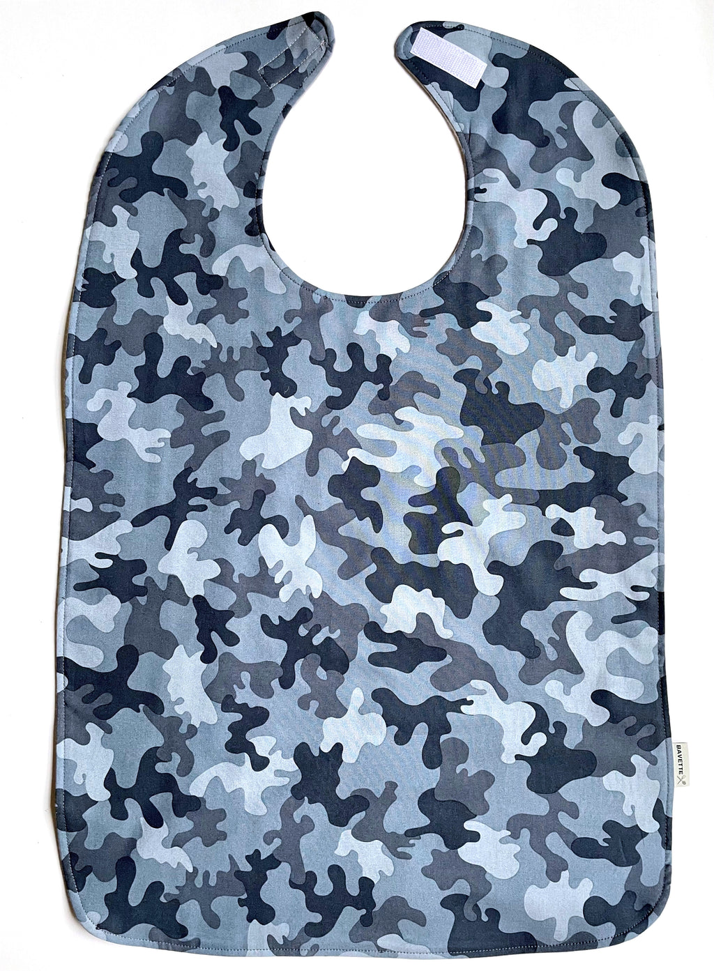 BAVETTE 100% cotton adult bib, dark and light blue camouflage design. 