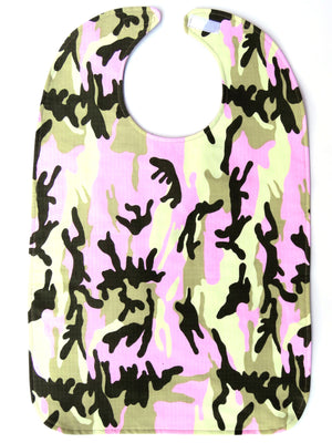 BAVETTE adult bib with pink, green and chocolate camouflage design, and three layers of machine washable premium cotton, Velcro back closure, 26" x 17" 
