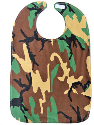 Adult bib with brown, beige and green camouflage design in machine washable cotton