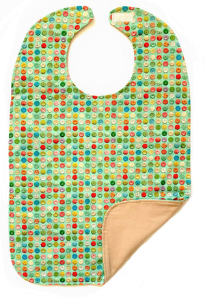Front and back side of green "Cute as a Button" cotton adult bib with colorful vintage button design by BAVETTE