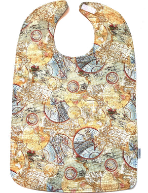Globetrotter Adult Bib by Bavette Bibs features a world map in earth tones