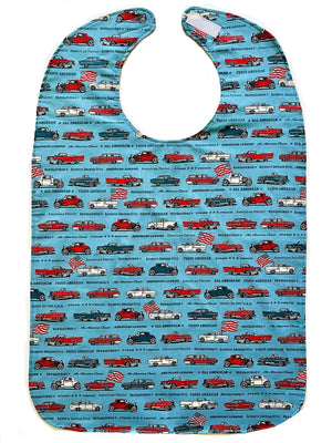 BAVETTE adult bib featuring red, white, and blue classic car design and three layers of machine washable premium cotton, Velcro back closure, 26" x 17" 