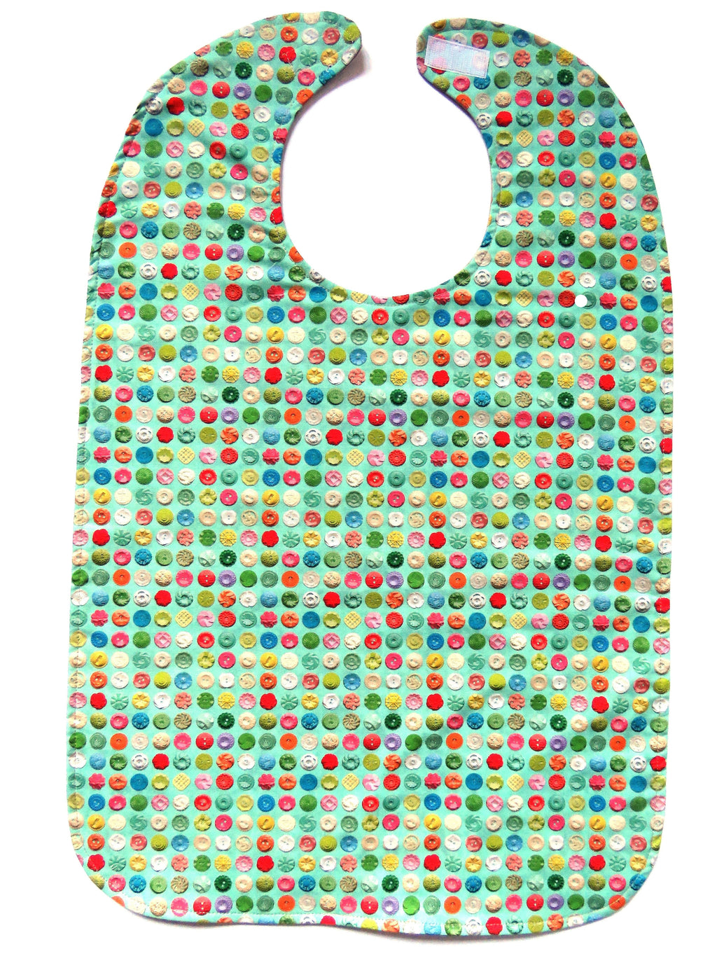 Pale green BAVETTE adult bib with vintage button design, and three layers of machine washable premium cotton, Velcro back closure, 26" x 17" 