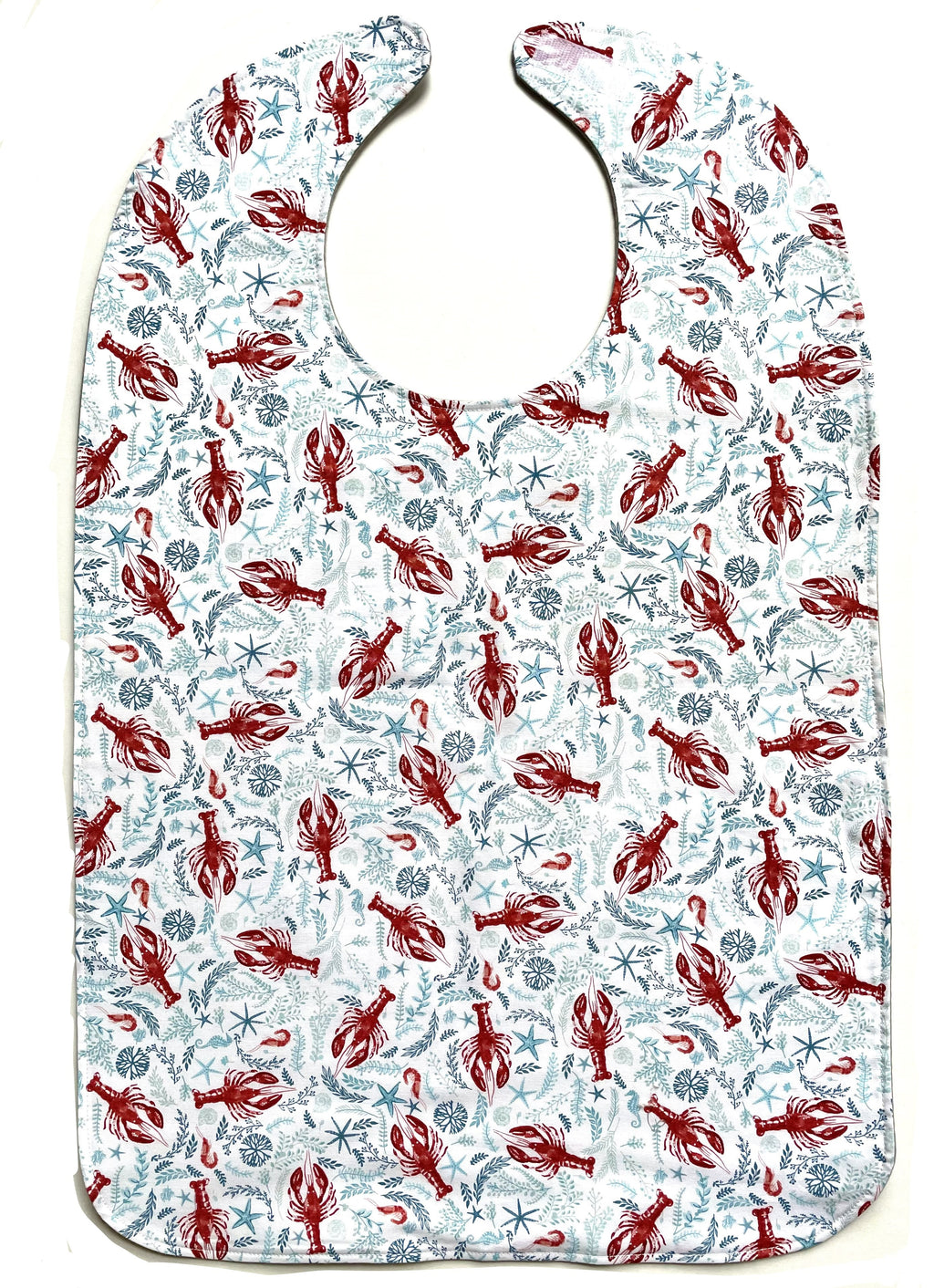 BAVETTE adult bib with red lobster design, and three layers of machine washable premium cotton, Velcro back closure, 26" x 17" 