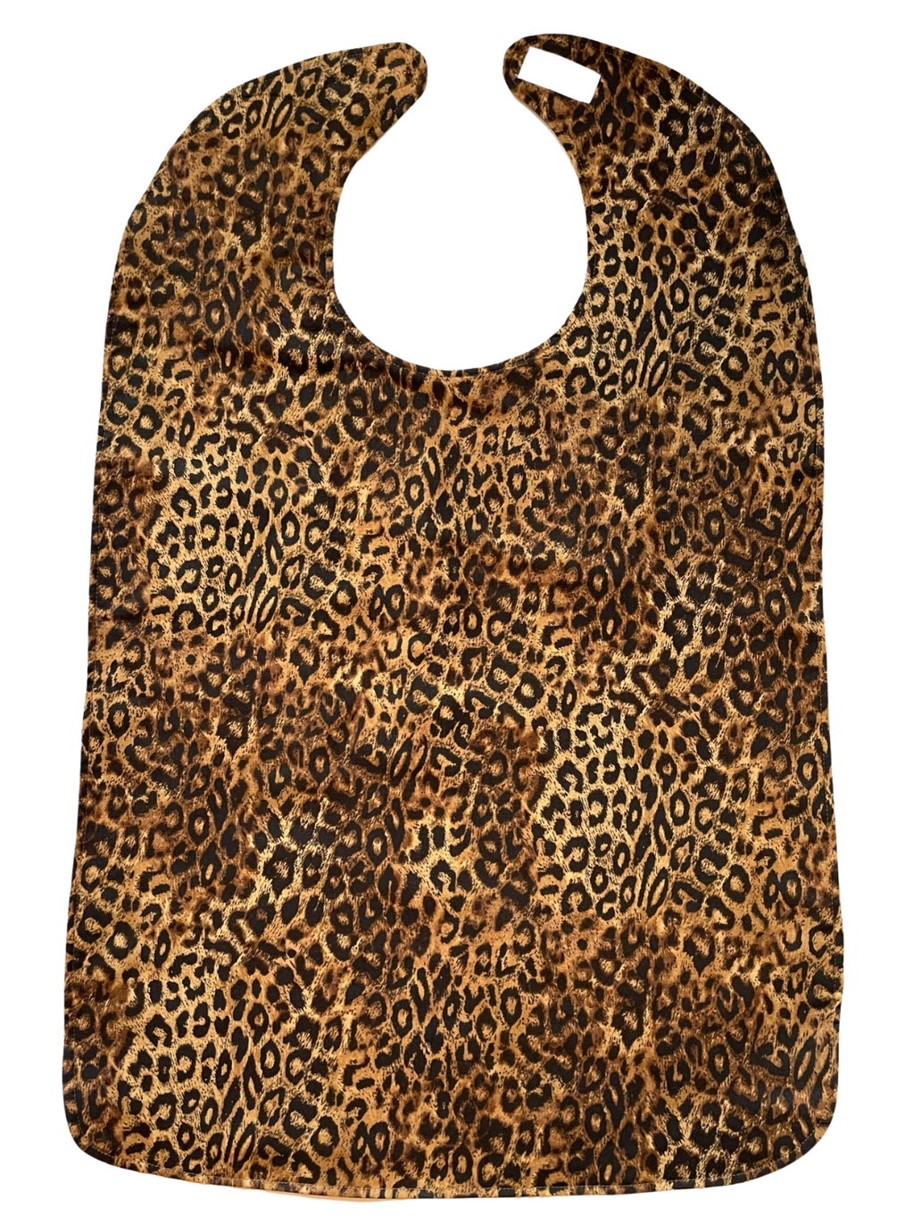 BAVETTE adult bib with leopard spot design, and three layers of machine washable premium cotton, Velcro back closure, 26" x 17" 