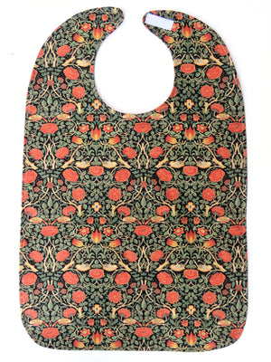 Rich Rose BAVETTE adult bib with orange roses, birds, green vines and black background on three layers of machine washable premium cotton, Velcro back closure, 26" x 17" 