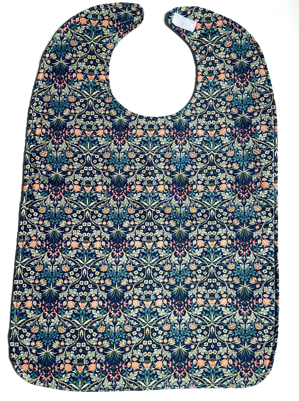 BAVETTE adult bib with blue rose and green flowers on three layers of machine washable premium cotton, Velcro back closure, 26" x 17" 
