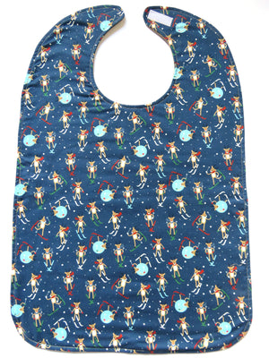 Blue holiday BAVETTE adult bib with skiing reindeer on three layers of machine washable premium cotton, Velcro back closure, 26" x 17" 