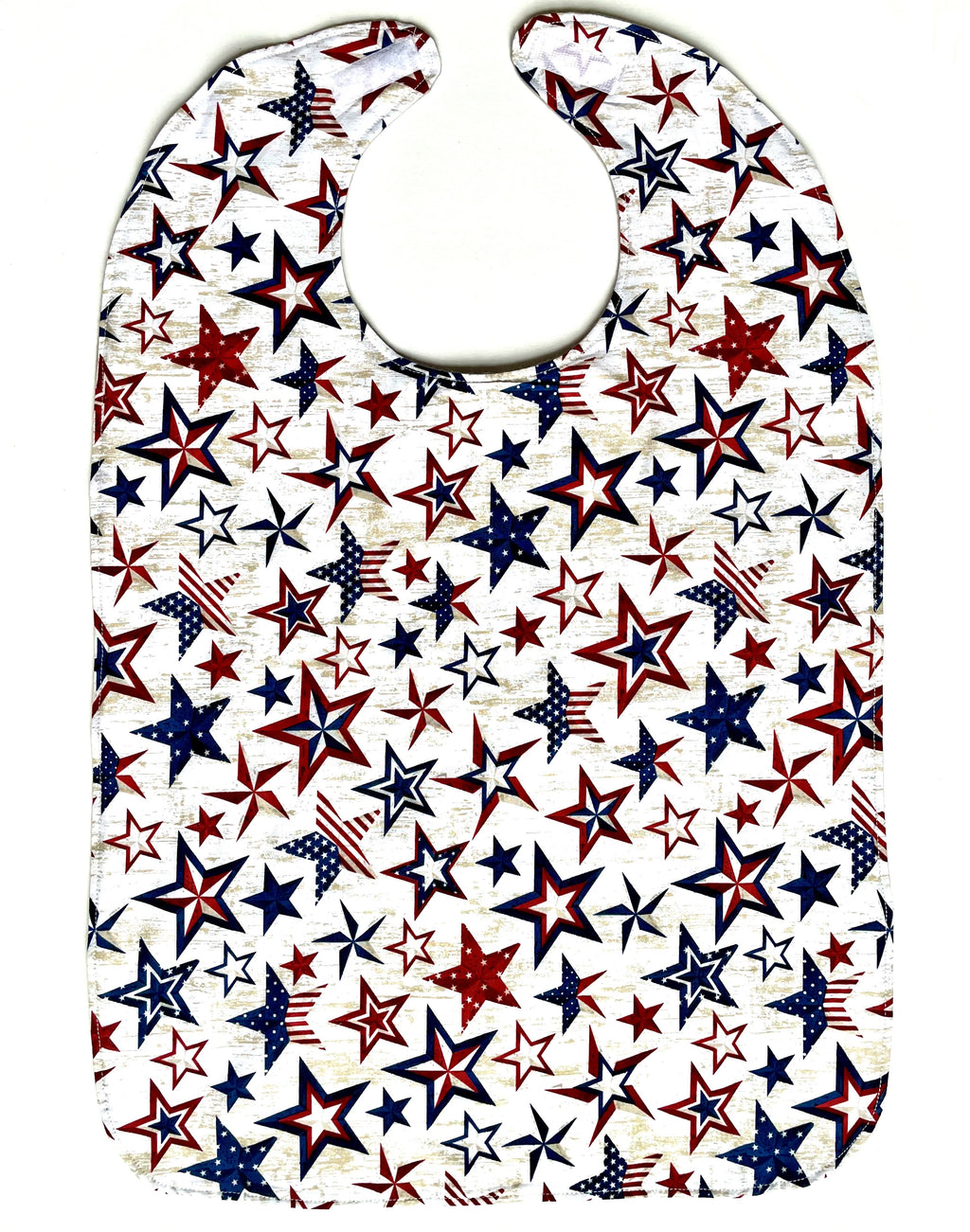 BAVETTE adult bib with red, white and blue stars on three layers of machine washable premium cotton, Velcro back closure, 26" x 17" 