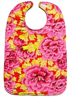 Bright pink and red floral adult bib by BAVETTE Bibs
