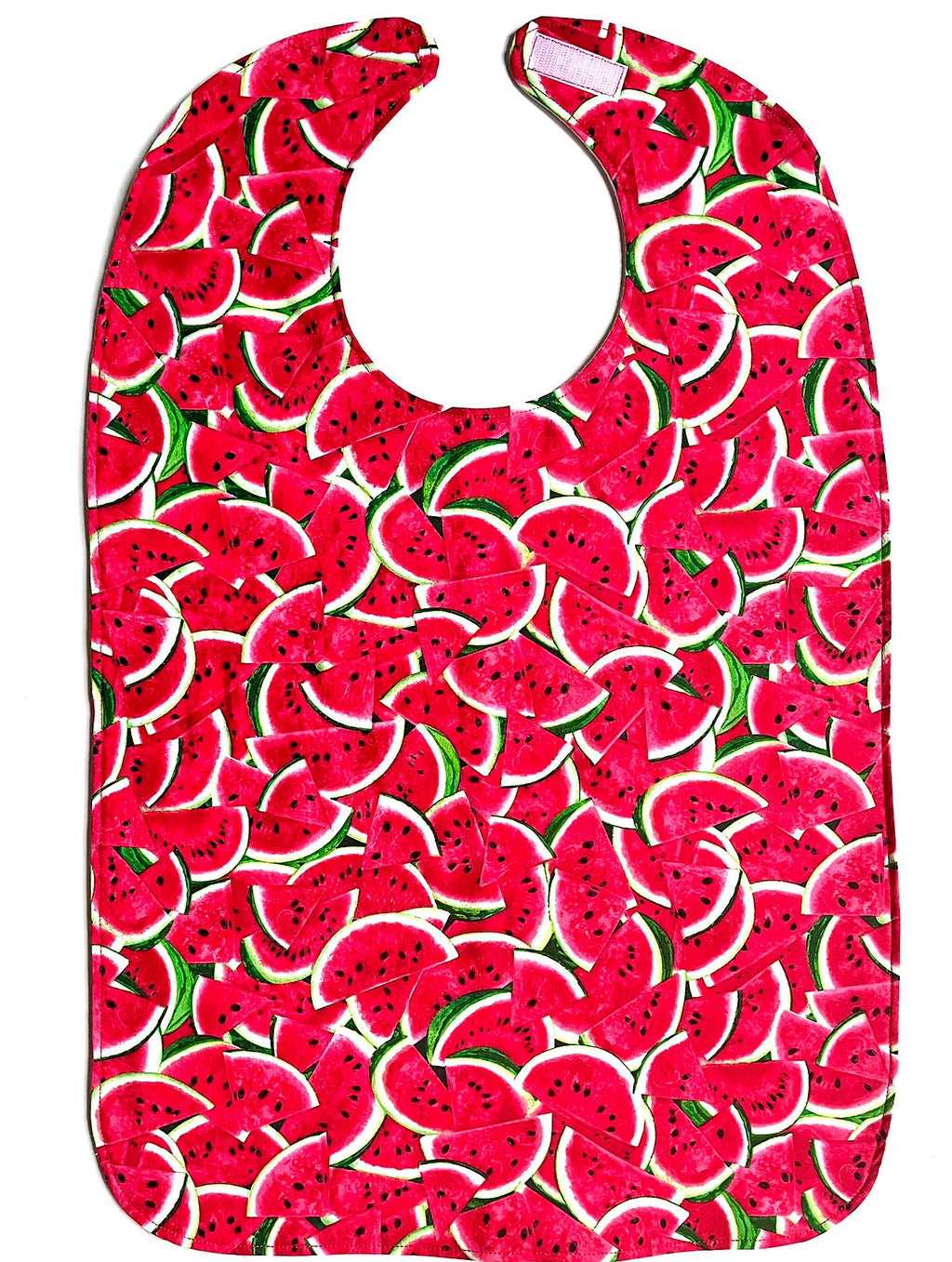 BAVETTE adult bib covered in red watermelon slices on three layers of machine washable premium cotton, Velcro back closure, 26" x 17" 
