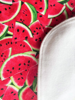 Premium watermelon adult bib has three cotton layers with a soft flannel back layer. Made in USA. Machine washable.